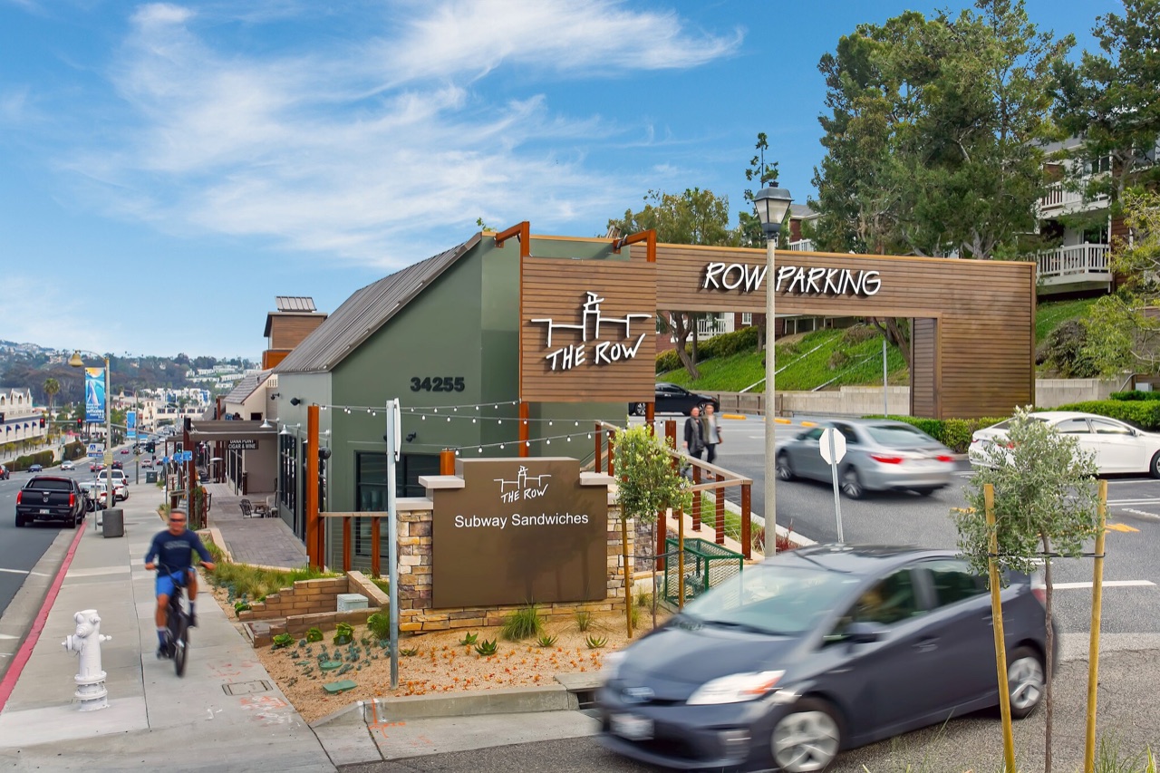 The Row monument sign and cedar parking trellis along Pacific Coast Highway in Dana Point